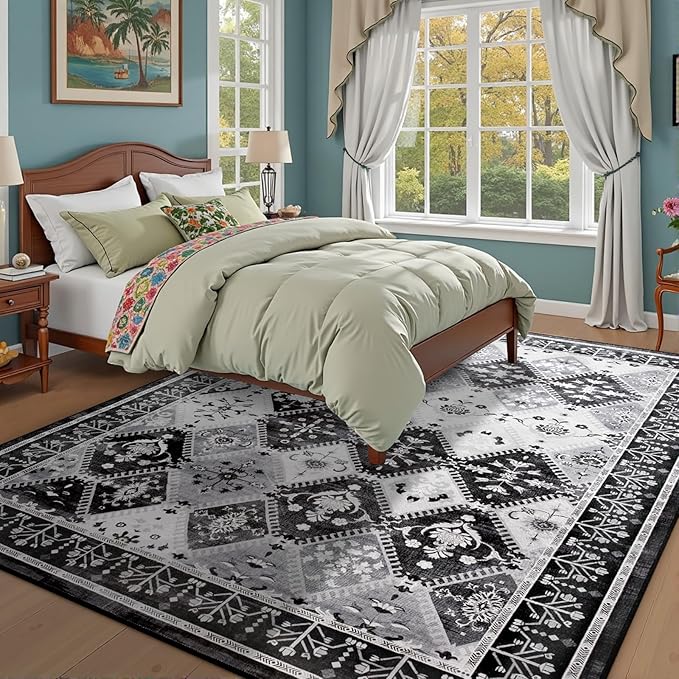 6x9 Washable Area Rug for Living Room, Black/Grey Boho Non-Slip Bedroom Rugs, Moroccan Floral Trellis Carpet Soft Low Pile Vintage Indoor Mat for Kitchen Laundry Room