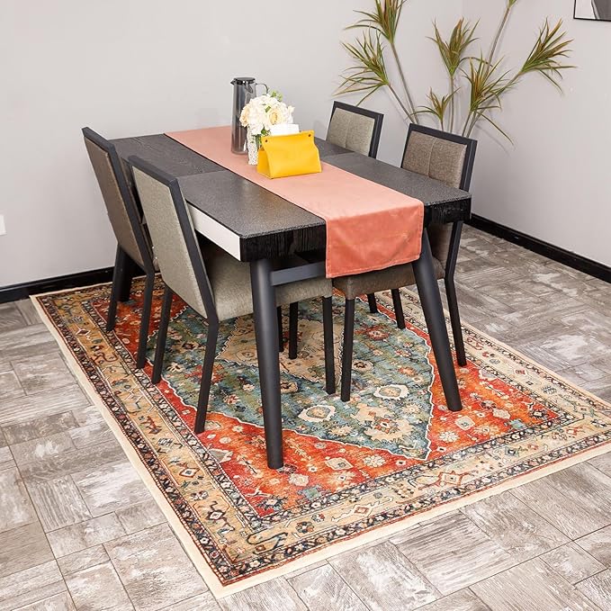 Yancorp 4'x6' Boho Area Rug for Bedroom Non Slip Washable Rug Vintage Carpet Living Room Non-Shedding Hallway Runner Rug Indoor Floor Mats Bedroom Kitchen Entryway Rugs-Rectangle Red