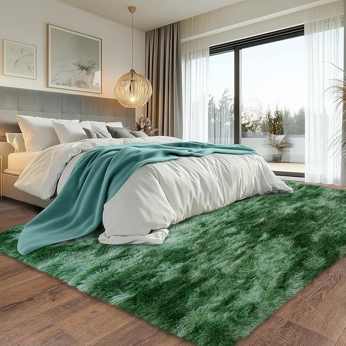 Tie-Dyed Green Fluffy Rug for Bedroom 9x12 ft Large Rug - Ultra Soft & Non Slip Shaggy Area Rug, Comfy Durable Carpet for Living Room Kids Room Teens Dorm Home Decor, 1.7'' Thick Indoor Carpets
