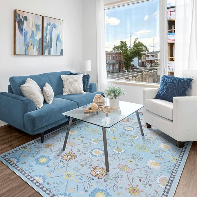 Syalife 3x5 Area Rugs, Non Slip Washable Low Pile Rugs for Living Room, Kitchen, Hallway, Bedroom Bedside, Kids Room, College Dorm (Blue Floral, 3'x5')