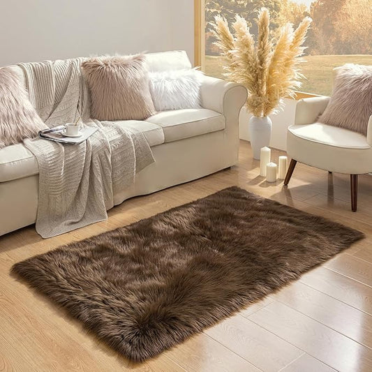 Ashler Faux Fur Rug - Fluffy Shaggy Area Rug, Ultra Soft 3 x 5 Feet Sheepskin Fur, Dark Coffee Fuzzy Machine Washable Shag, Nursery Decor Throw for Bedroom, Living Room, Kids Room