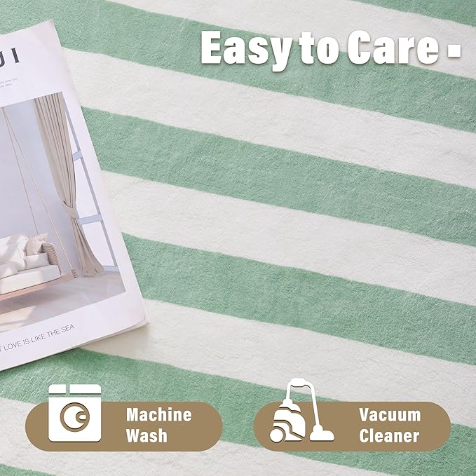 Carvapet Green Rugs for Living Room Bedroom, Striped Low Pile Modern Large Carpet with Rubber Backing, Foldable, Non Slip Machine Washable (7 x 5 Feet Rectangular, Green Area Rug)