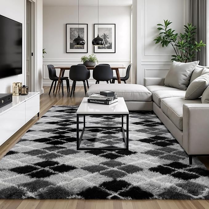 Zentavio Area Rugs for Living Room Rugs for Bedroom 4x6 Carpet Fluffy Fuzzy Soft Shag Aesthetic Plush High Pile Gray Throw Rug for Nursery Kids Room Dorm Diomond Black