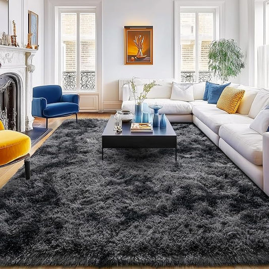 Rugs 5x7 for Living Room Bedroom, Soft Plush Shaggy Area Rugs Fluffy Modern Non-Slip Floor Carpet for Kids Girls Room Dorm Nursery Home Decor Aesthetic, Tie-Dye Black Grey