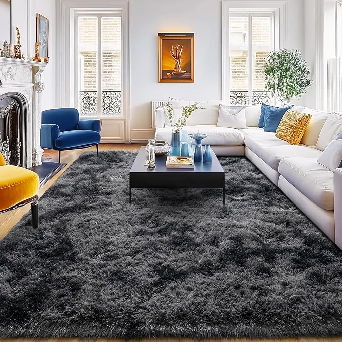 Rugs 5x7 for Living Room Bedroom, Soft Plush Shaggy Area Rugs Fluffy Modern Non-Slip Floor Carpet for Kids Girls Room Dorm Nursery Home Decor Aesthetic, Tie-Dye Black Grey