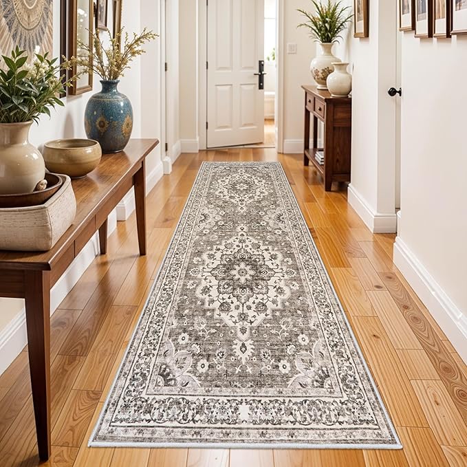 Washable Oriental Hallway Runner Rug - 3x8 Rugs for Living Room Soft Carpet for Bedroom Kitchen Waterproof Floral Distressed Indoor Stain Resistant Non-Shedding Floor Carpets (Beige, 3X8)