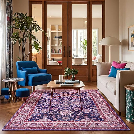 Area Rugs for Living Room, 4x6 Washable Rugs for Bedroom, Non-Slip Retro Floral Carpet for Entryway Office Kitchen Dining Room, Blue and Purple