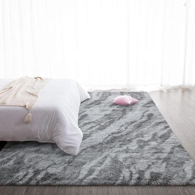 TWINNIS Super Soft Shaggy Rugs Fluffy Carpets, 4x5.9 Feet, Indoor Modern Plush Area Rugs for Living Room Bedroom Kids Room Nursery Home Decor, Upgrade Anti-Skid Rectangular Fuzzy Rug, Grey Black