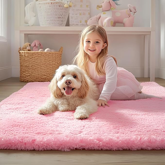 OLANLY 2x4 Machine Washable Runner Rugs for Hallway, Soft Fluffy Shaggy Bedside Rugs for Bedroom, Living Room, Indoor Floor Carpet for Kids Girls and Boys, Nursery Rooms, Home Decor Aesthetic, Pink