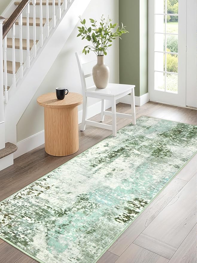 Washable Abstract Runner Rug, 2x6 Modern Area Rugs with Non-Slip Rubber Backed for Kitchen, Thin but Soft Contemporary Carpet Bedroom Entryway Hallway Decor, Green