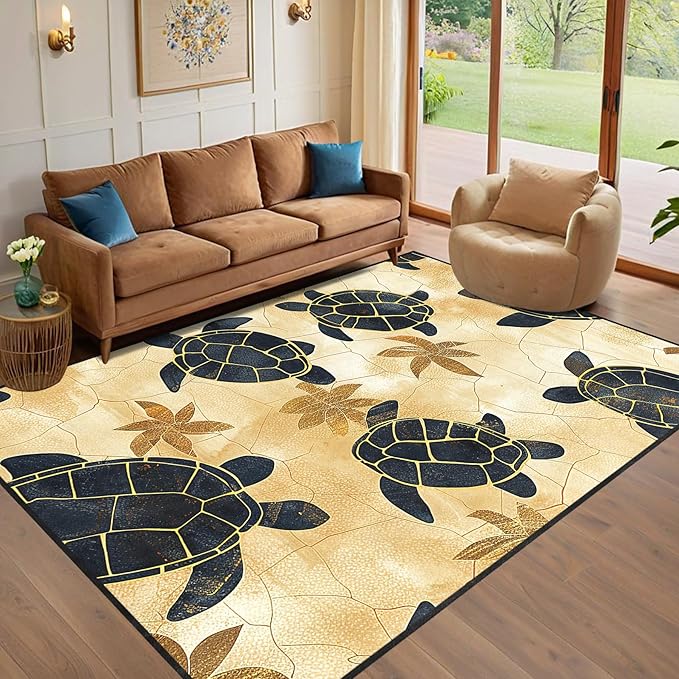Yellow Sea Turtle Rug - Sea Turtle Carpet, Beach Themed Carpet for Kids Teens Adults Ocean Animal Rugs for Living Room Indoor Coastal Children Play Room Floor Mat 4x5 Feet