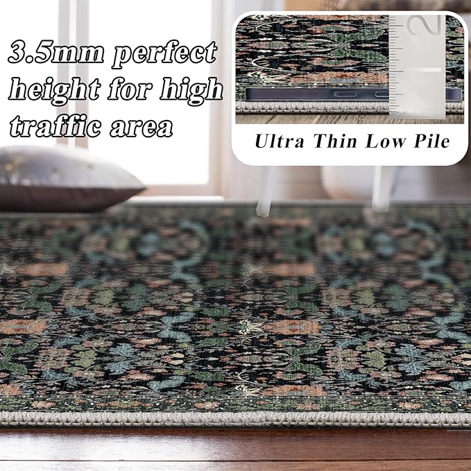 10x12 Area Rug Living Room: Soft Vintage Oriental Floral Farmhouse Style - Washable Low Pile Stain Resistant Thin Indoor Carpet with Non Slip Backing (10x12 Black/Green/Multi)