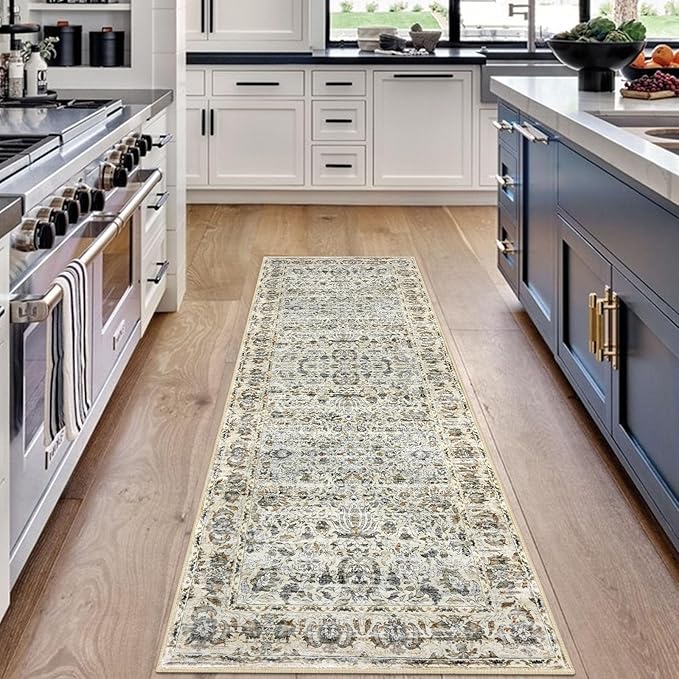 Runner Rug 2x6 Kitchen Runner Rugs Printed Vintage Floral Washable Runner Non-Slip Low Pile Hallway Runners Distressed Boho Rugs for Bedroom Laundry Room Doorway Entryway, Beige Yellow