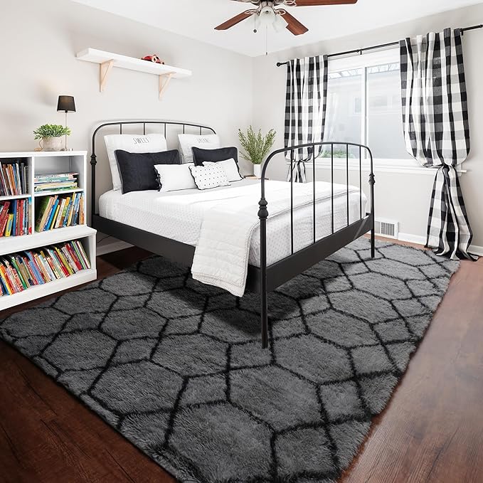 ONASAR 8x10 Area Rugs for Living Room, Fluffy Grey and Black Bedroom Rug, Washable Geometric Boho Large Soft Plush Shaggy Fuzzy Floor Carpet for Nursery Kids Classroom Playroom Dorm Home Decor