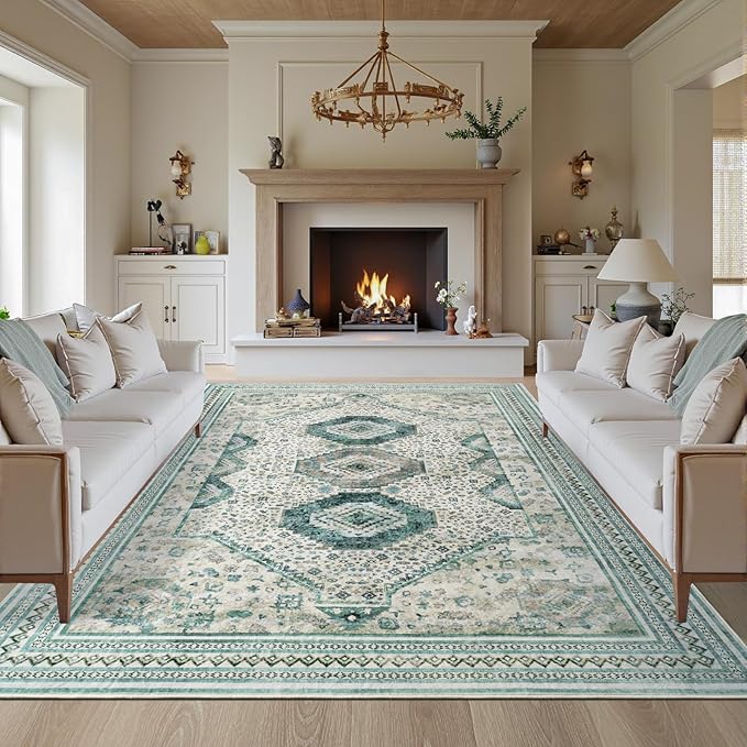 Maxsoft 6x9 Area Rug,Vintage Machine Washable Rugs for Living Room, Soft Non-Slip Low Pile Rug, Stain Resistant Rugs for Kitchen, Bedroom, Dining Room,Laundry Room,Nursery (Light Green)