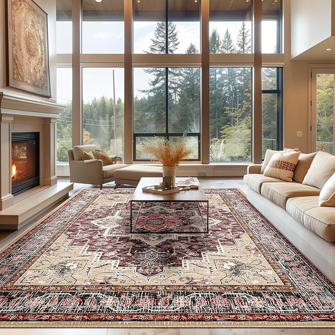 BESTSWEETIE 9x12 Area Rugs for Living Room, Washable Ultra Soft Boho Vintage Print Pattern Rug Non Slip Low Pile Carpet for Dining Room Bedroom Entryway Indoor-Wine/Natural/Red/Black