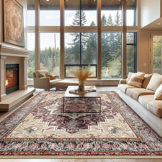 BESTSWEETIE 9x12 Area Rugs for Living Room, Washable Ultra Soft Boho Vintage Print Pattern Rug Non Slip Low Pile Carpet for Dining Room Bedroom Entryway Indoor-Wine/Natural/Red/Black