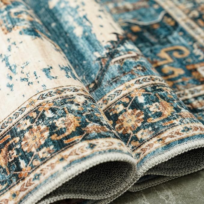 RUUGME Washable 3x12 Runner Rug - Boho Rugs for Living Room Stain Resistant Carpet Vintage Tribal Rugs for Bedroom Kitchen Bathroom Non Slip Backing Decor Floor Decoration Mat 3x12 Blue