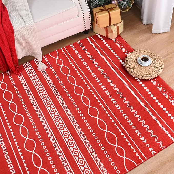 Softlife Christmas Red Area Rug for Living Room, 4x6 Moroccan Neutral Carpet Non-Slip Printed Distressed Rugs Soft Bedroom Rug Throw Geometric for Kitchen Hallway Dining Room