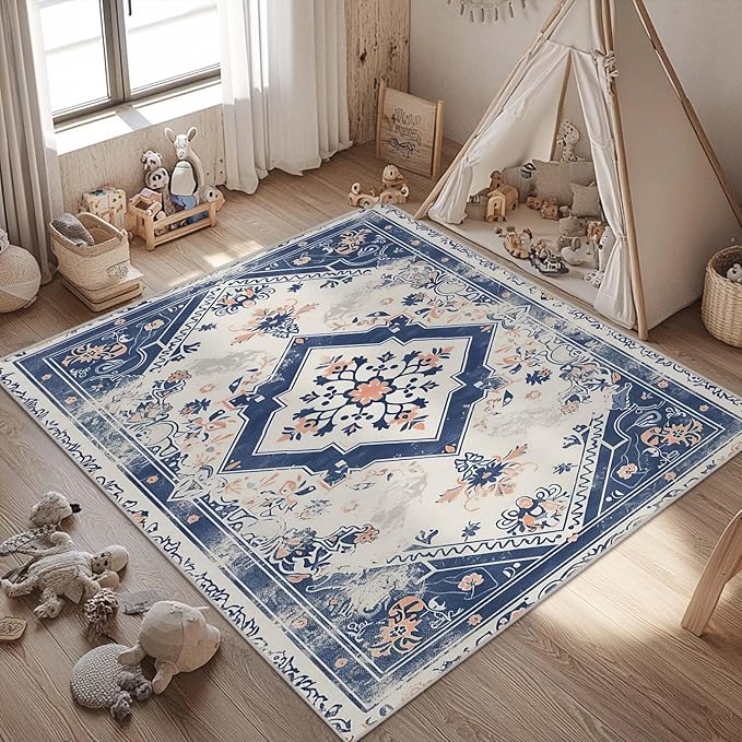 4x6 Rug Vintage Oriental Navy Blue Boho Beige Area Rug Bedroom Thin Low Pile Large Carpet Living Room Non Slip Dining Room Office Stain Resistant Washable Machine