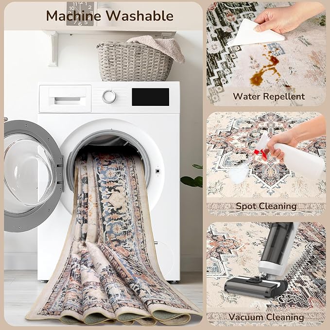 BESTSWEETIE 2x10 Area Rugs for Living Room Washable Non Slip Carpet Low Pile Soft Vintage Print Pattern Rug for Bedroom Dining Room Kitchen Entryway Indoor-Khaki/Beige/Purple/Black/Brick