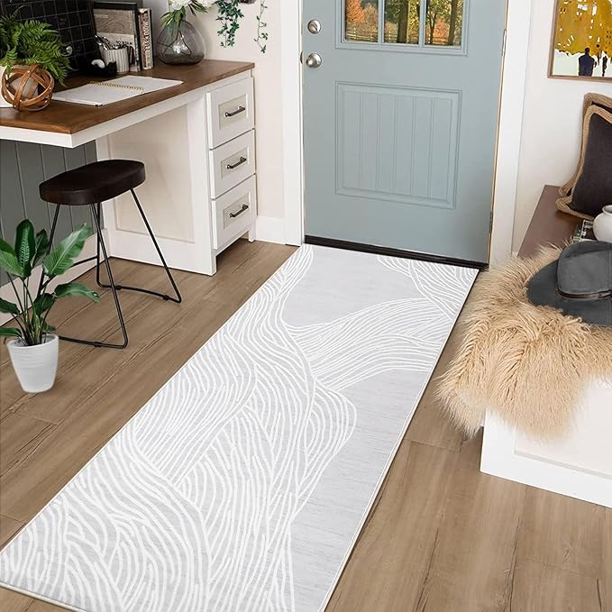Modern Abstract Entryway Rug 2x6 - Grey/White Washable Soft Faux Wool Contemporary Lines Non-Slip Low Pile Indoor Runner