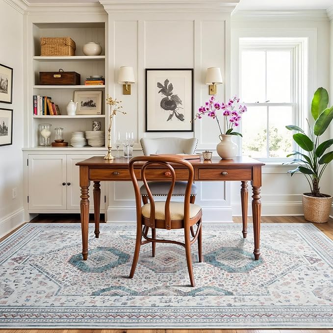 Maxsoft 6x9 Area Rug,Vintage Machine Washable Rugs for Living Room, Soft Non-Slip Low Pile Rug, Stain Resistant Rugs for Kitchen, Bedroom, Dining Room,Laundry Room,Nursery (Beige White)