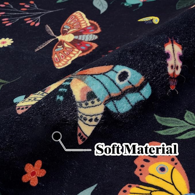 ASPMIZ Insect Area Rug 8X10 Living Room Rug, Spring Summer Washable Rug Non Slip, Farmhouse Butterfly Rugs for Living Room Low Pile, Soft Faux Wool Throw Carpet for Kids Room Dining Room, Black