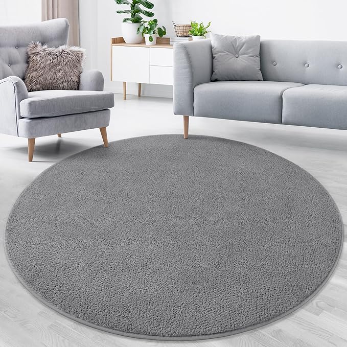 Lascpt Round Rug for Bedroom 5x5, Grey Circle Rug for Living Room Super Soft Thicken Memory Foam Circular Rug, Non-Slip Indoor Area Rug for Modern Home Decor, Round Carpet for Nursery Kid's Room