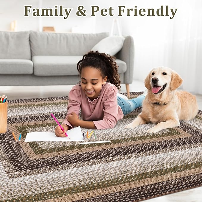 Imitation Braided Collection-Print Washable Runner Rugs 2x6 Hallway Rug with Non-Slip Backing, Farmhouse Low PileCarpet, Contemporary Bordered Indoor Mat for Bedroom, Kitchen, Laundry