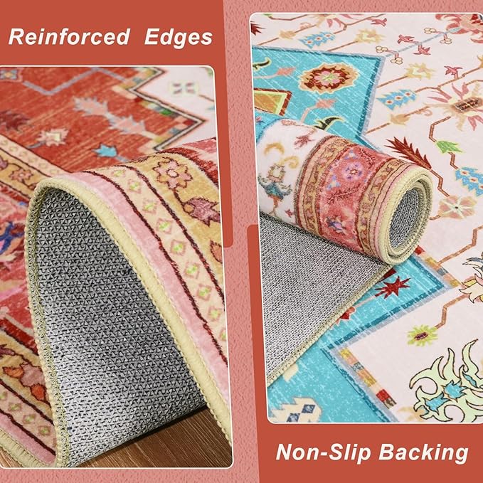 2x3 Orange Pink Small Area Rug for Entryway, Soft Washable Rugs with Non-Slip Backing for Bedroom Kitchen, Vintage Throw Carpet Laundry Entry Front Front Door Decor
