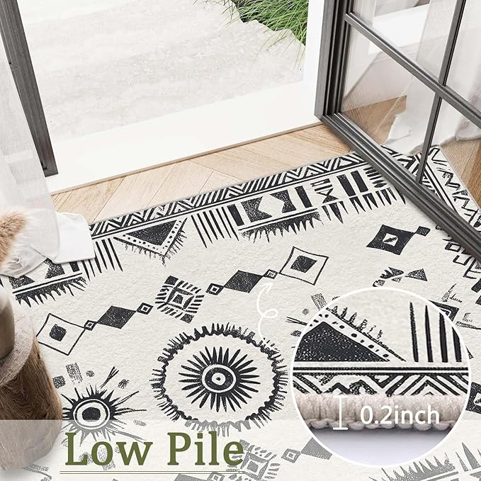 2x3 Area Rug Machine Washable Entryway Rugs Western Tribal Southwestern Black White Rug Non-Slip Low Pile Door Mat Entrance Small Carpet for Home Kitchen Bathroom Bedroom