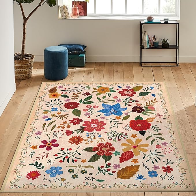 Washable Area Rugs 5'x7' Living Room, Non Slip Floral Vintage Low Pile Large Rugs for Living Room Stain Resistant for TribalBedroom, Farmhouse, Dining Room, Kids Playroom