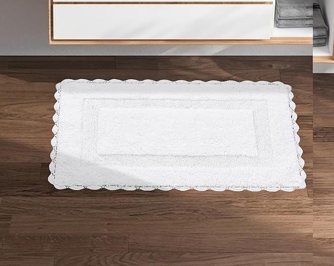 Cotton Crochet Bathmat with Antiskid 21x34 White, 100% Pure Cotton, Super Soft White, Plush & Absorbent, Hand Tufted Heavy Weight Construction, Full Reversible Step Out Rugs
