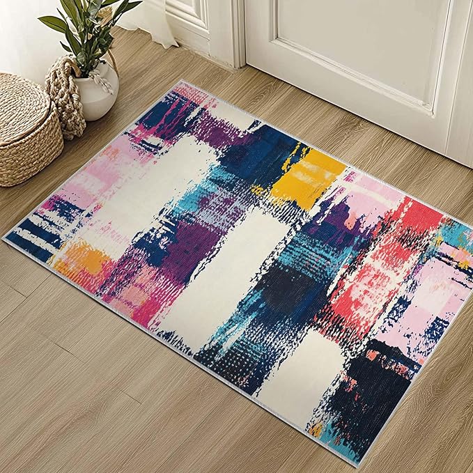 2x3 Entryway Rug Abstract Colorful Area Rug Ultra-Thin Soft Small Carpet Bathroom Non Slip Indoor Entrance Low Pile Door Mat Kitchen Stain Resistant Washable Machine