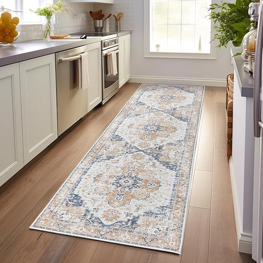 jinchan Runner Rug 3x7 Vintage Hallway Rug Kitchen Washable Runner Retro Floor Cover Lightweight Non-Slip Low Pile Thin Distressed Carpet for Entryway Bathroom Laundry Room Bedroom Stairway Orange