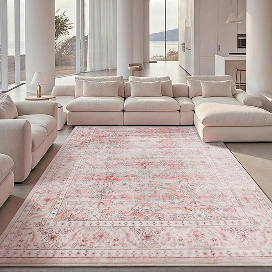 Carvapet Pink Rugs for Living Room Bedroom, Vintage Low Pile Large Carpet with Rubber Backing, Foldable, Non Slip Machine Washable (7 x 5 Feet Rectangular, Pink Area Rug)