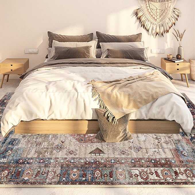 Yancorp 5'x7' Boho Area Rug for Bedroom Non Slip Washable Rug Vintage Carpet Living Room Floor Mats Big Area Rug for Dining Table Retro
