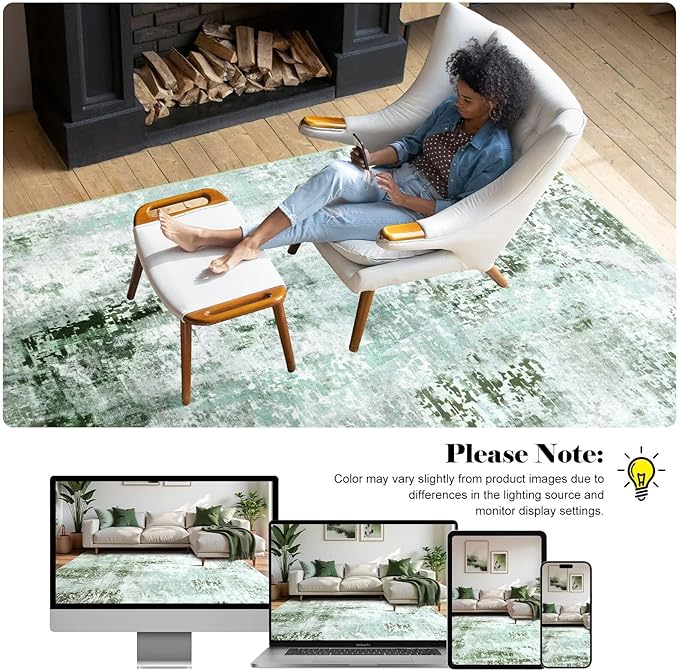 Washable Abstract Rug, 8x10 Modern Area Rugs with Non-Slip Rubber Backed for Living Room, Thin but Soft Contemporary Carpet Kitchen Bedroom Dining Room Decor, Green