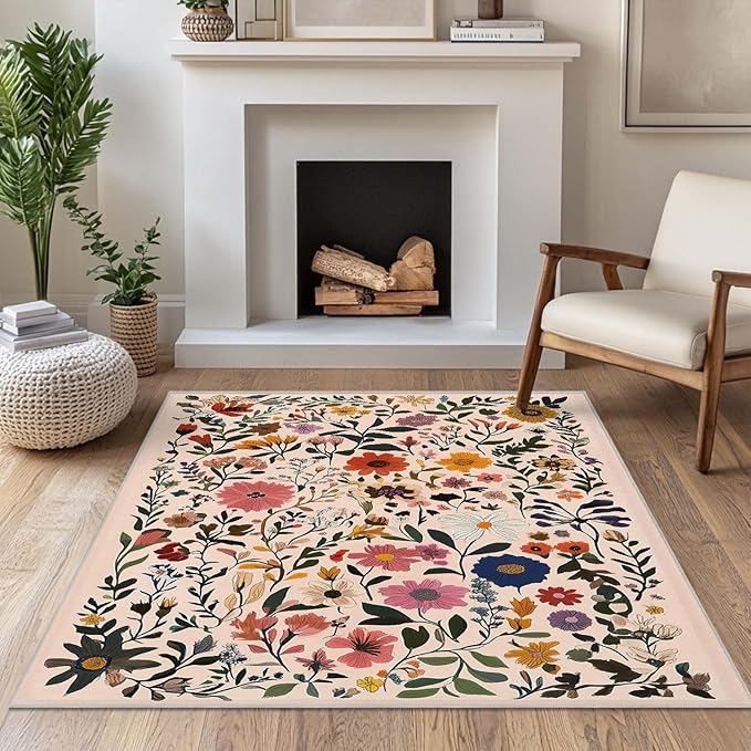 4x6 Rug Boho Floral Area Rug Bedroom Ultra-Thin Soft Low Pile Large Carpet Living Room Non Slip Dining Room Office Stain Resistant Washable Machine