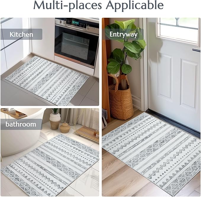 jinchan Area Rug 2x3 Moroccan Entryway Ultra-Thin Door Mat Washable Boho Geometric Rug Non-Slip Carpet for Bathroom Bedroom Laundry Room Charcoal