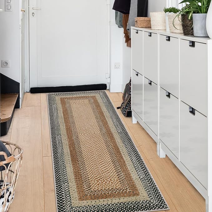 Imitation Braided Collection-Print Washable Runner Rug 2x10 Non Slip Bath Mat Modern Soft Bedroom Rug Farmhouse Throw Rugs Kitchen Rugs Stain Resistant Carpet for Hallway Entryway