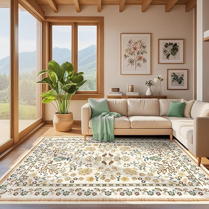 10x14 Area Rug Living Room Rugs - Washable Boho Vintage Floral Large Soft Non Slip Thin Rug Low Pile Carpet for Bedroom Dining Room Kids Playroom Office Decor Indoor- Brown