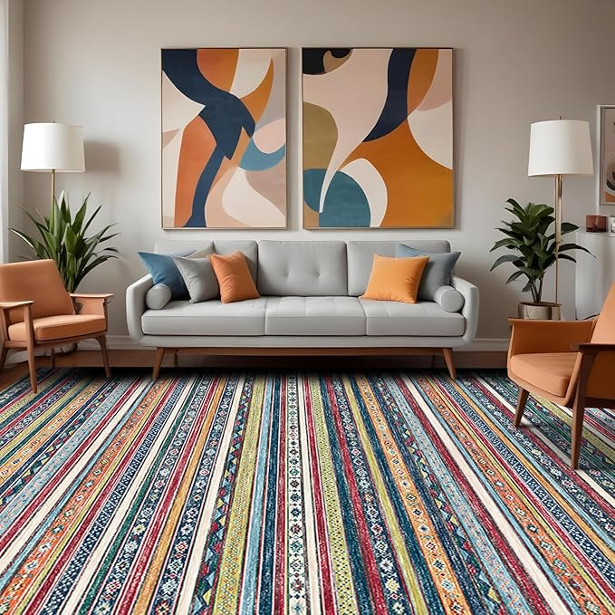9x12 Washable Area Rug - Living Room Bedroom Low Pile Non - Slip Vintage Soft Carpet Dining Room Stain Resistant with Southwest Striped Aztec Style (9x12 Multi)