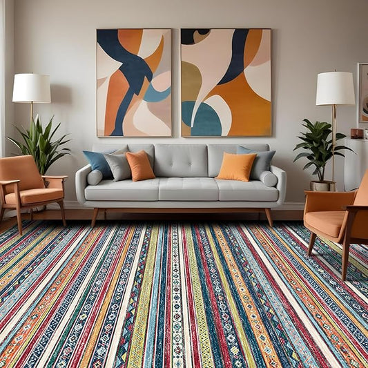 9x12 Washable Area Rug - Living Room Bedroom Low Pile Non - Slip Vintage Soft Carpet Dining Room Stain Resistant with Southwest Striped Aztec Style (9x12 Multi)