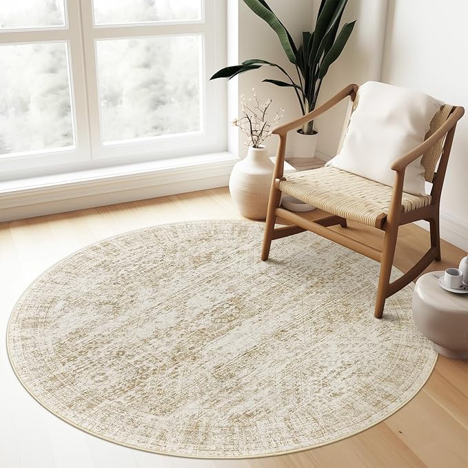 4x4 Beige Round Rug 4ft Entryway Rug Vintage Round Area Rug Non-Slip Indoor Carpet for Living Room Dining Room Bedroom