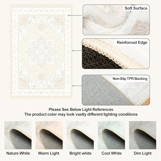 BESTSWEETIE 2x3 Area Rugs for Living Room, Washable Ultra Soft Boho Vintage Print Pattern Rug Non Slip Low Pile Carpet for Dining Room Bedroom Entryway Indoor-Cream/Light Ivory/Beige