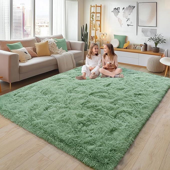 6x9 Fluffy Fuzzy Area Rug for Living Room Bedroom, Ultra Soft Large Living Room Rugs, Non Slip Thick Shag Rug for Dorm, Kids Girls Boys Rug for Home Decor Aesthetic, Sage Green