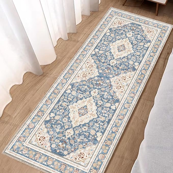Vhong Boho Area Rugs Washable Runner Vintage Modern Neutral Carpet Blue 2×6 High Traffic Rugs for Kitchen Hallway Living Room Non Slip