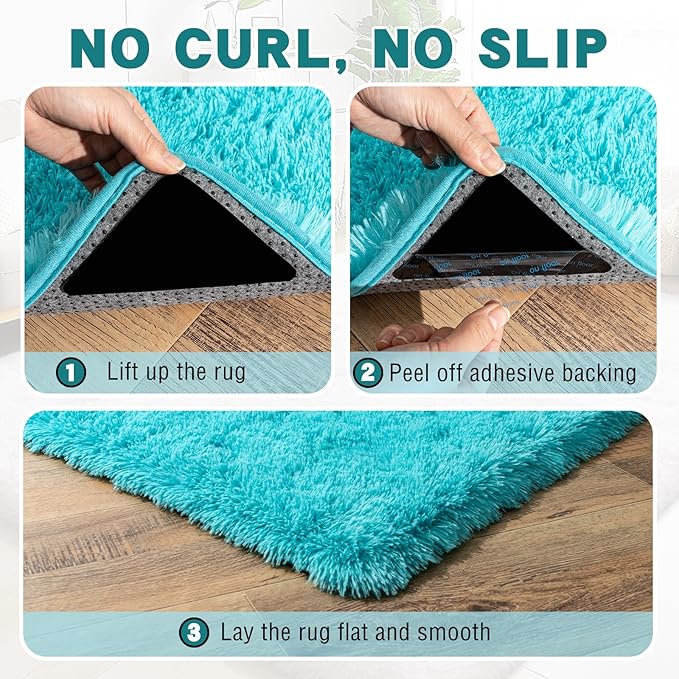 2x3 Area Rug for Bedroom, Small Rugs for Living Room Nursery Kids Room Dorm Home Decor Aesthetic, Fluffy Shaggy Rug with 4 Anti-Slip Carpet Tapes, Teal Blue